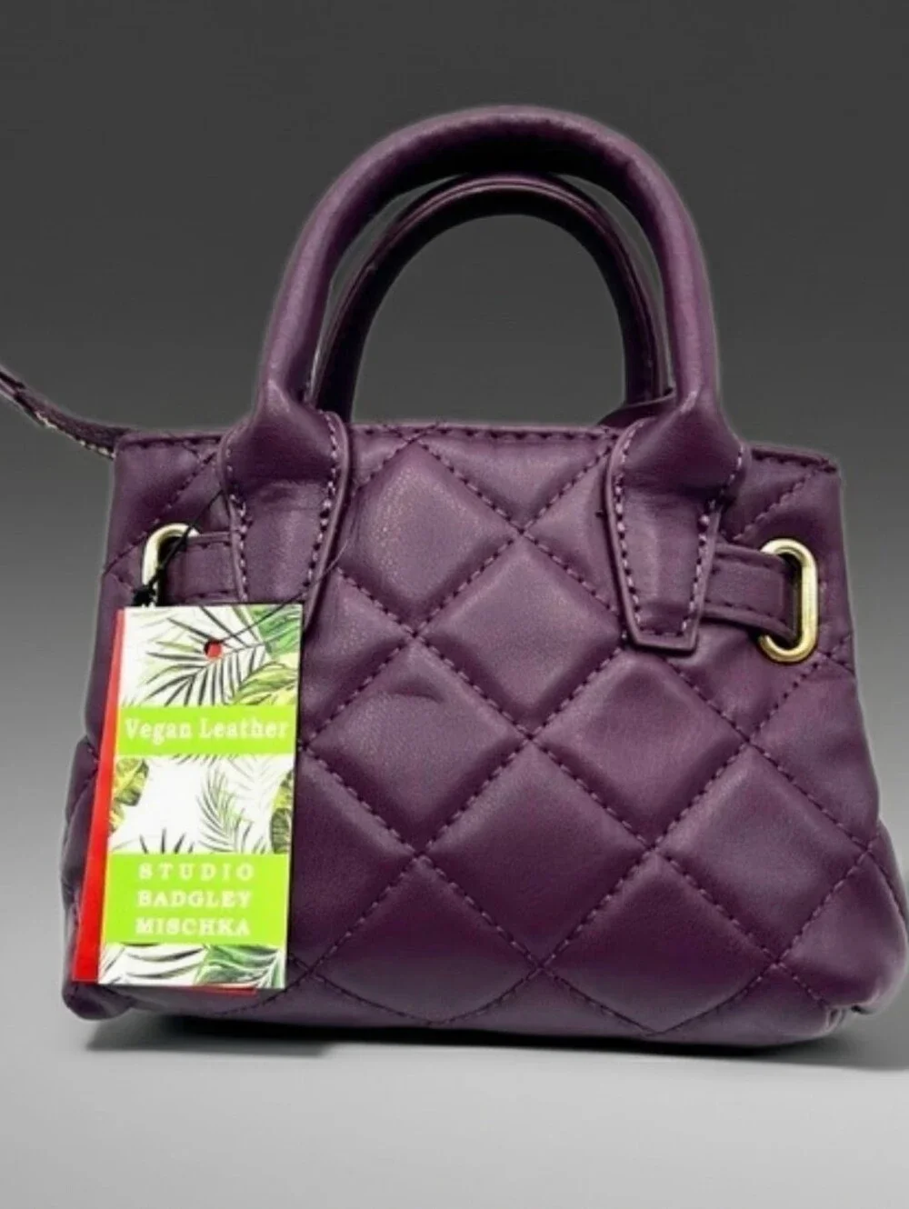 BADGELY MISCHKA Mini Diamond Quilted Vegan Leather Tote In Rich Plum